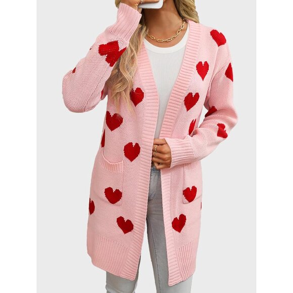 Women's Heart Knit Cardigan Sweater V Neck Pockets Casual Spring Fall Winter - Picture 5 of 6